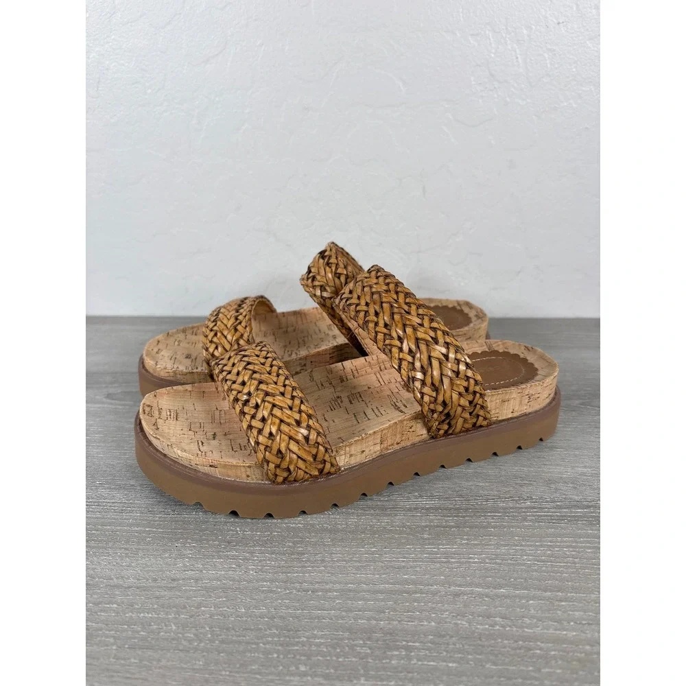 Baretraps Deanne Woven Braided 2 Strap Slide Sandals Brown Cork Platform Sz 7.5